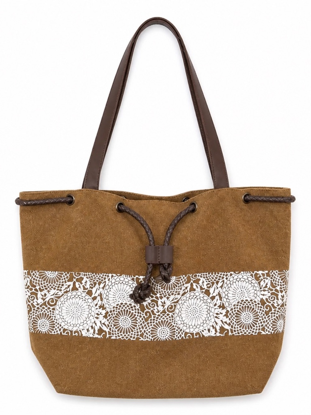 Brown Canvas Tote Bag with White Lace Design